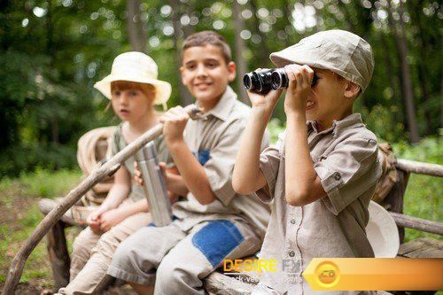 Little boys and girl on hiking with backpack in forest 19X JPEG