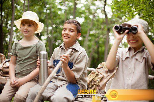 Little boys and girl on hiking with backpack in forest 19X JPEG