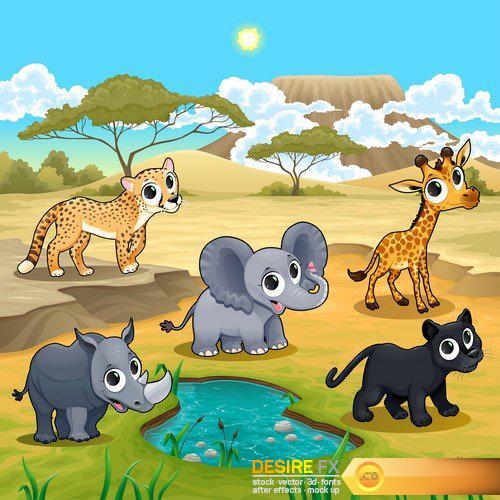 Set of funny wild animals in the nature 9X EPS