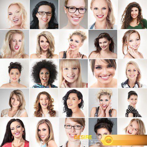 Collage emotion of people, people faces, set of woman portraits