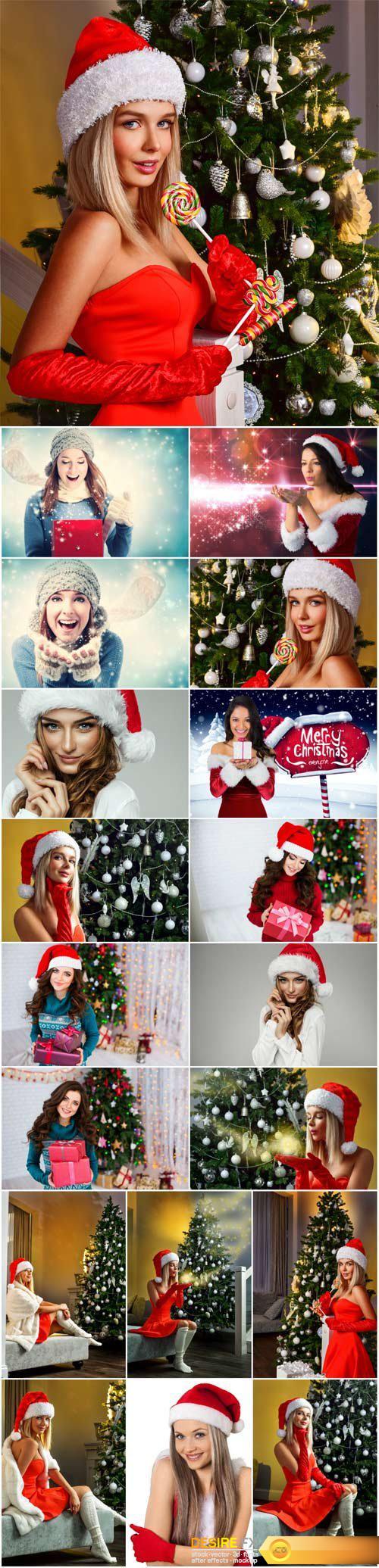 Christmas winter woman in a santa hat over christmas tree