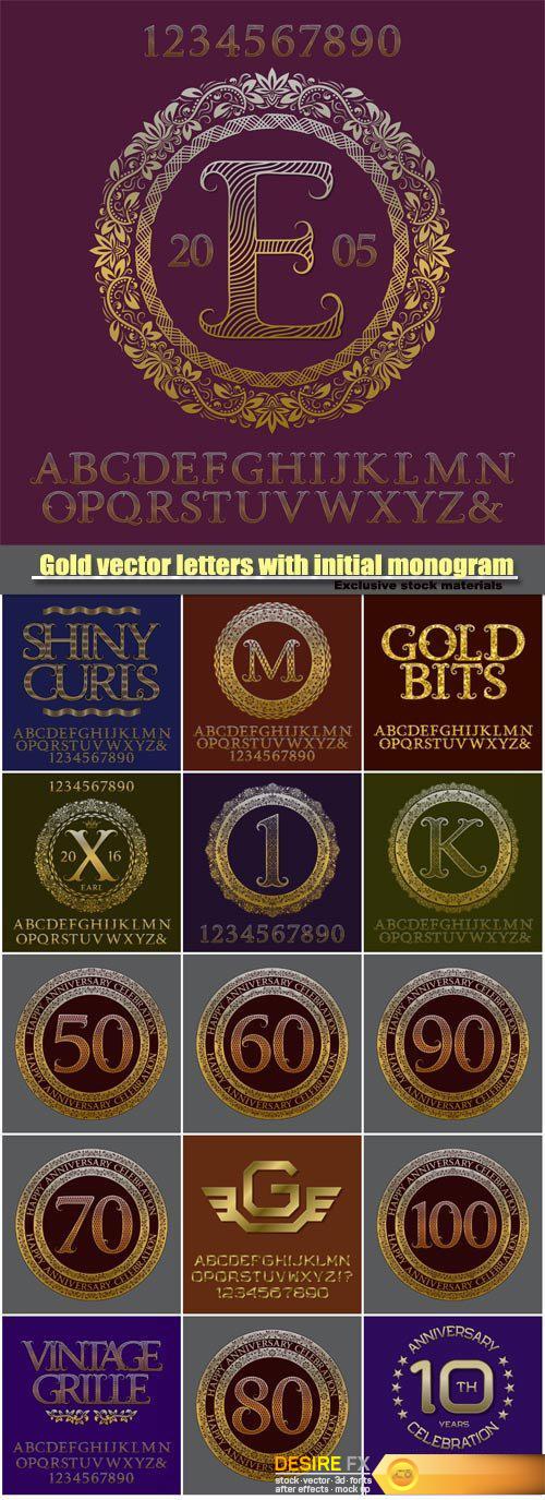 Gold vector letters with initial monogram, elegant logo design, english vintage alphabet