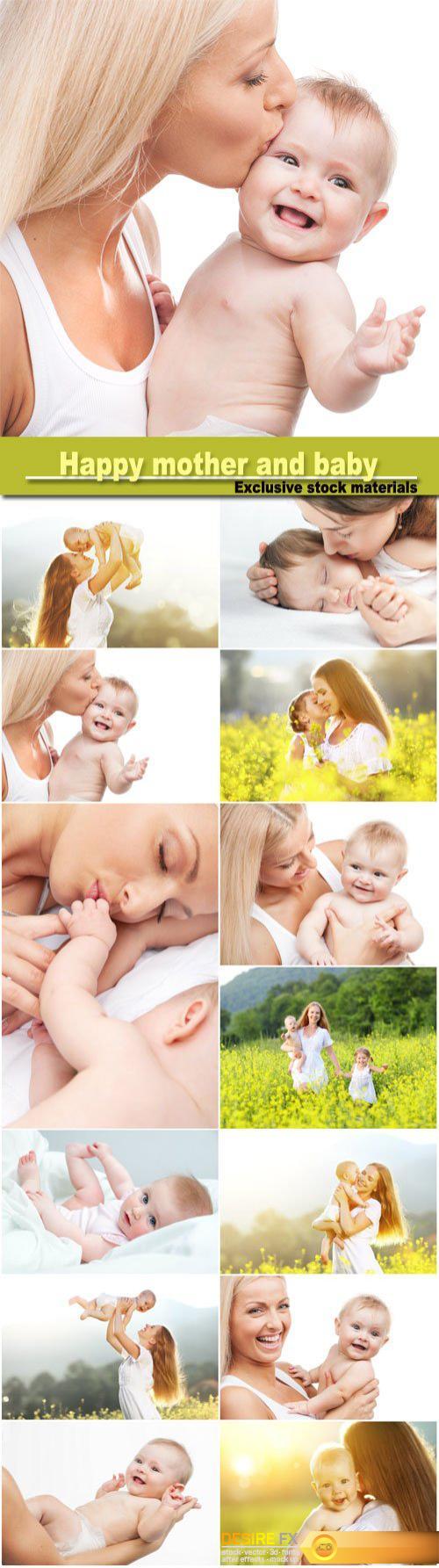 Happy family mother and baby hugging  in summer on nature