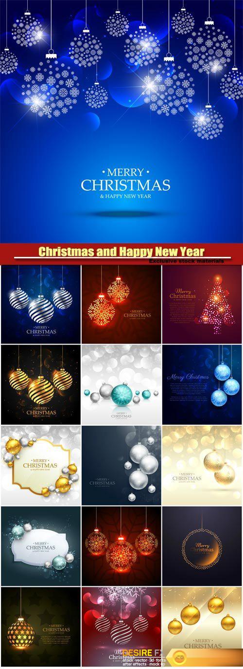 Merry christmas greeting card template with gold and silver christmas balls