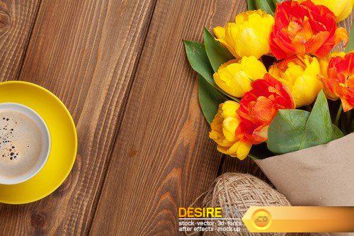 Colorful tulips, greeting card and coffee 14X JPEG