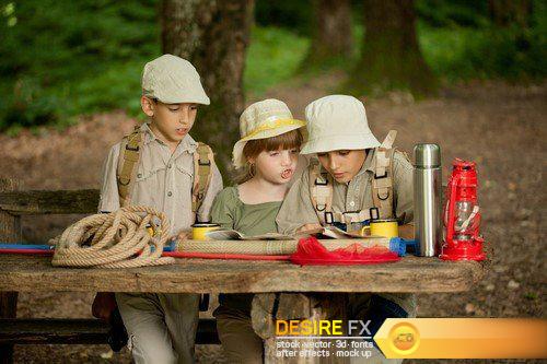 Little boys and girl on hiking with backpack in forest 19X JPEG