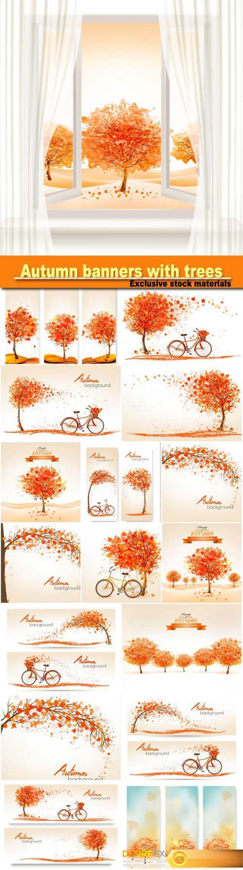 Autumn banners with trees and a bicycle