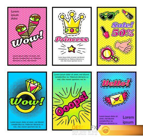 Comic posters set with bag cake donut arrow 5X EPS