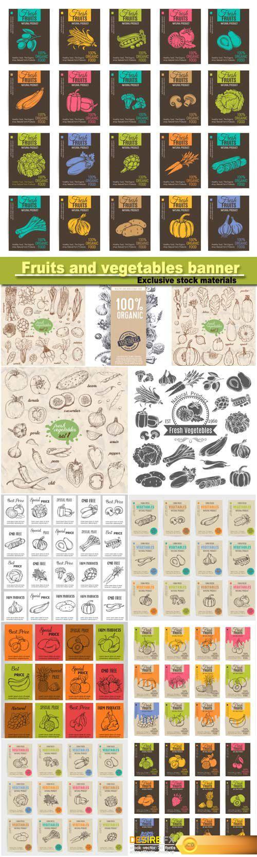 Hand draw bright vector  fruits and vegetables banner, stickers