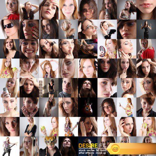 Collage emotion of people, people faces, set of woman portraits