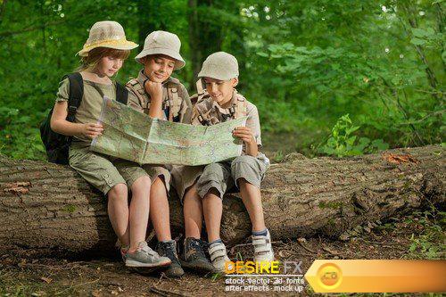 Little boys and girl on hiking with backpack in forest 19X JPEG
