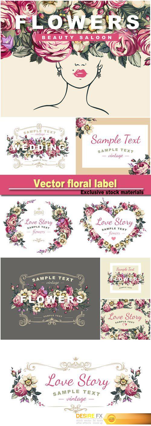 Vector floral label with a frame composed of detailed flowers illustrations
