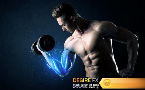 Muscular bodybuilder lifting weight with energy lights on biceps 13X JPEG