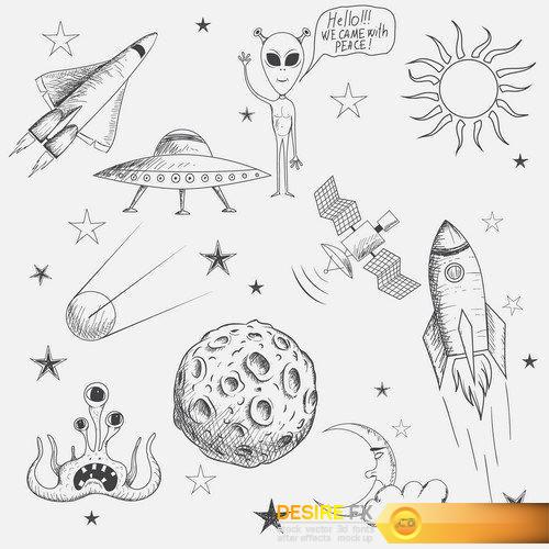 Cartoon astronaut on the moon and planets space 15X EPS