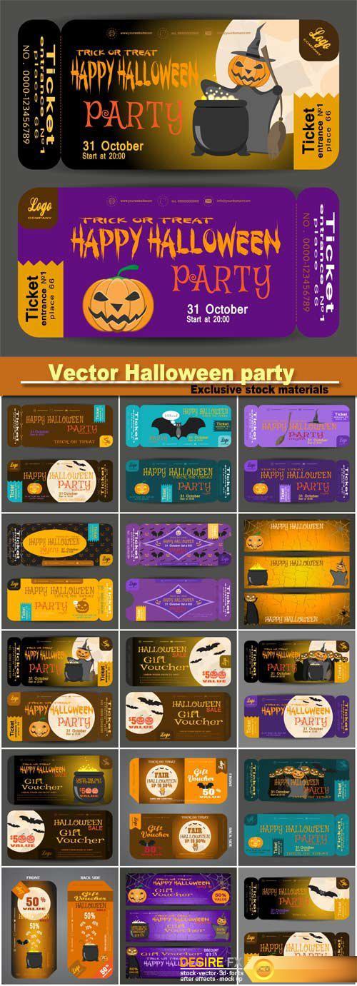 Vector beautiful ticket to a Halloween party on the dark yellow and dark lilac background