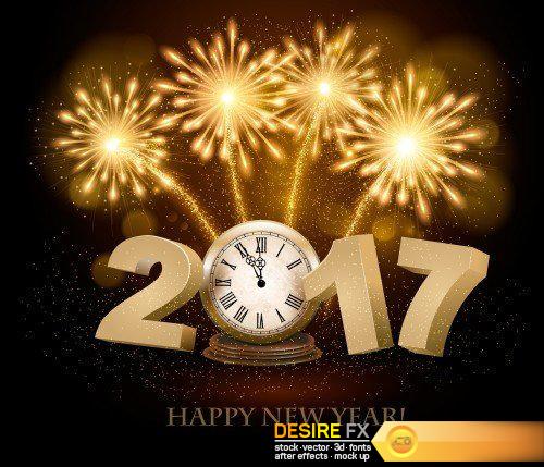 Happy New Year background with 2017, a clock and fireworks