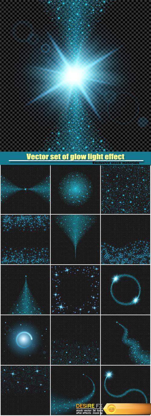Vector set of glow light effect stars on black background