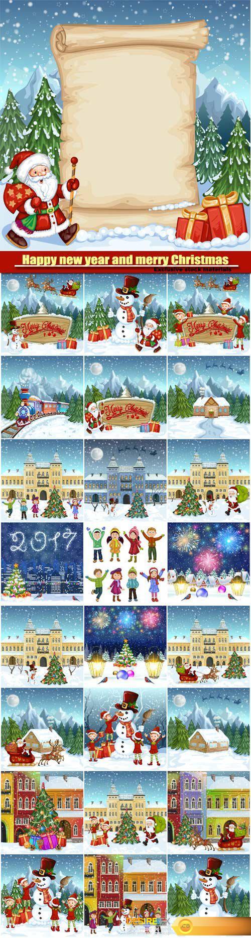 Happy new year and merry Christmas vector, winter town, children with snowman
