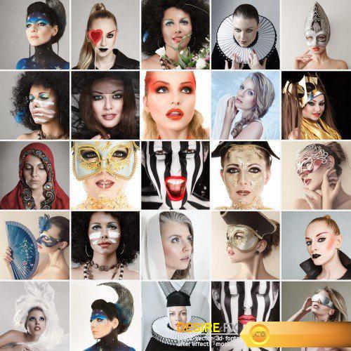 Collage emotion of people, people faces, set of woman portraits