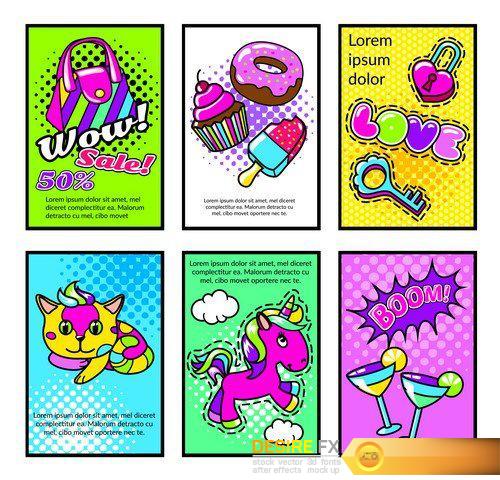 Comic posters set with bag cake donut arrow 5X EPS