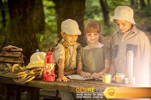 Little boys and girl on hiking with backpack in forest 19X JPEG