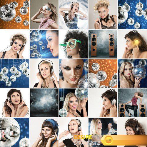 Collage emotion of people, people faces, set of woman portraits