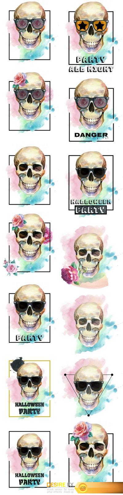 Watercolor smiling skulls - tattoo concept - Set of 14xUHQ JPEG Professional Stock Images