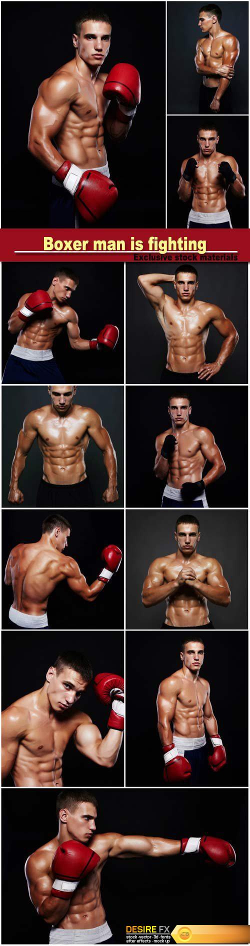 Boxer man is fighting, handsome muscular man, bodybuilding