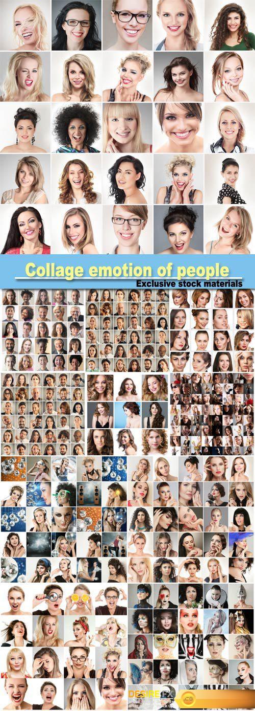 Collage emotion of people, people faces, set of woman portraits