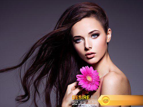 Portrait of beautiful  young woman long brown  hair with pink flower 7X JPEG