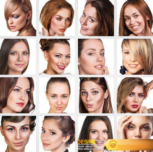 Collage emotion of people, people faces, set of woman portraits