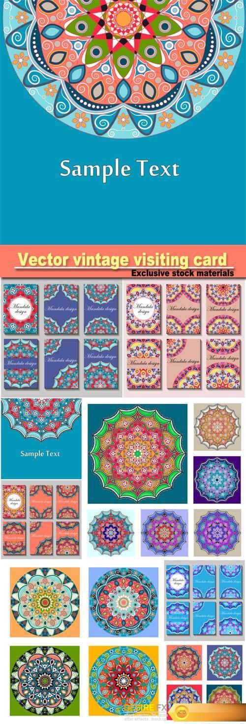 Vector vintage visiting card set, floral mandala pattern and ornaments