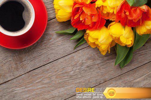 Colorful tulips, greeting card and coffee 14X JPEG
