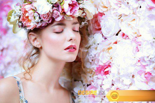Beautiful young woman in a wreath of flowers roses15X JPEG