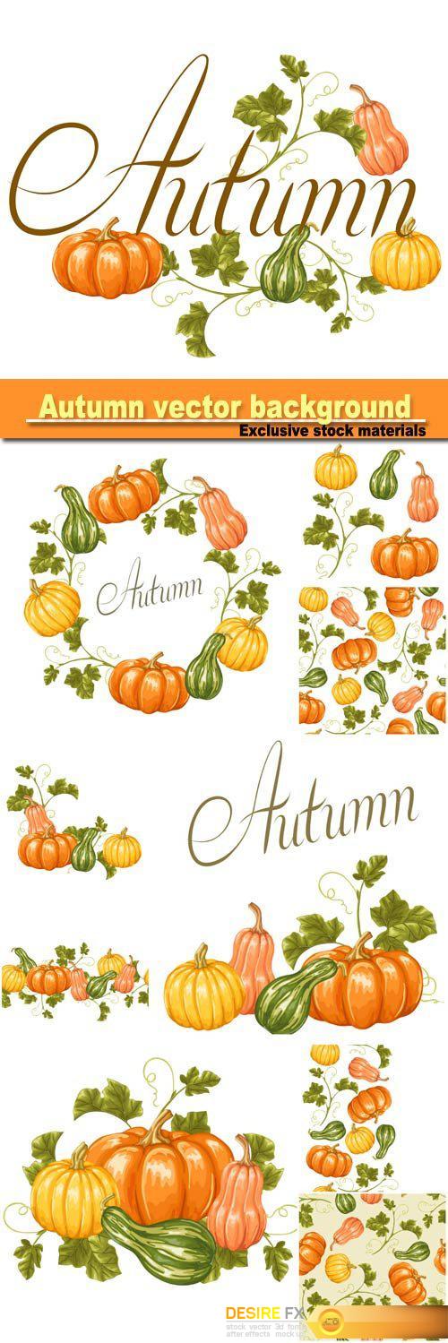 Autumn background with pumpkins, decorative illustration from vegetables and leaves