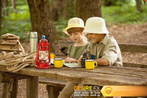 Little boys and girl on hiking with backpack in forest 19X JPEG