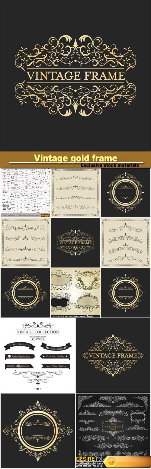 Vintage gold frame, calligraphic design elements, decorative vector illustration