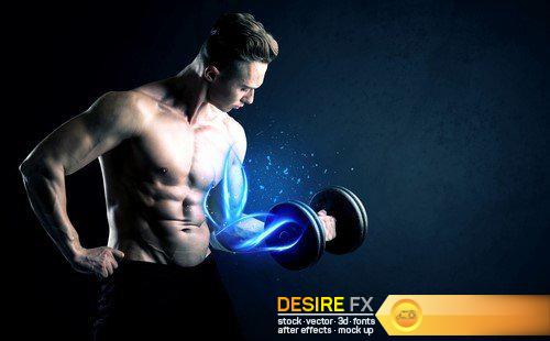 Muscular bodybuilder lifting weight with energy lights on biceps 13X JPEG