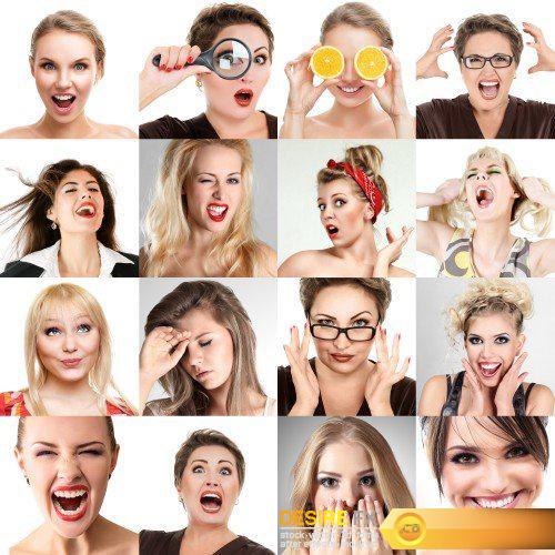 Collage emotion of people, people faces, set of woman portraits