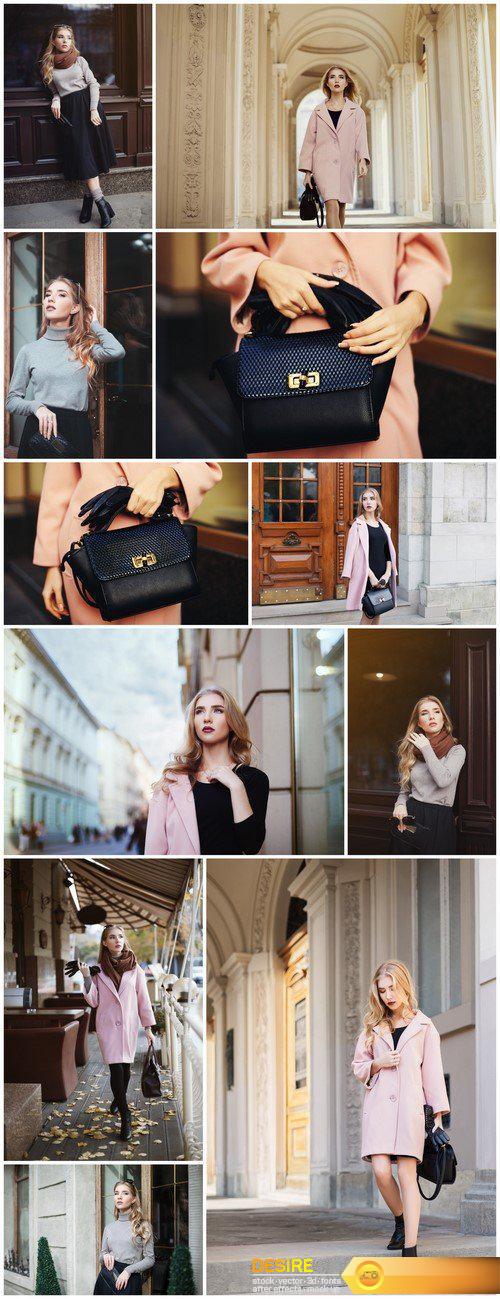 Fashionably dressed blonde is walking around the city 11X JPEG