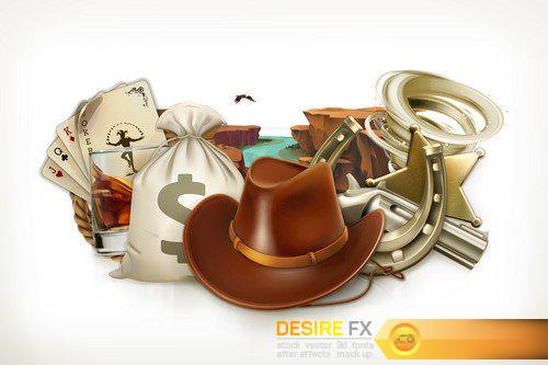 Cowboy cartoon character and objects 9X EPS