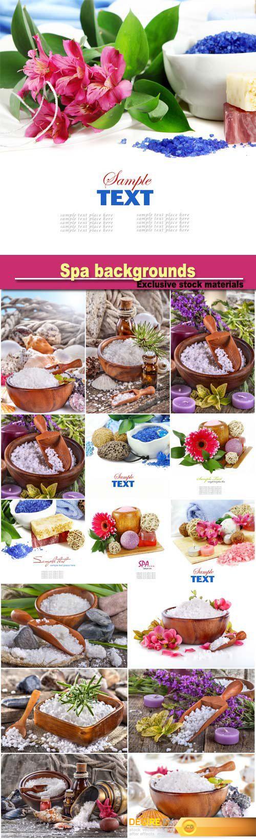 Spa backgrounds, salt bath in wooden spoon with flowers and  leaves in background