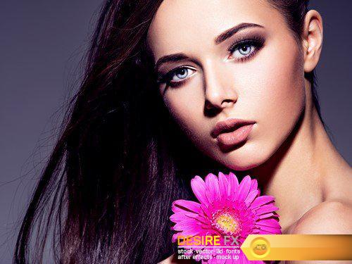 Portrait of beautiful  young woman long brown  hair with pink flower 7X JPEG