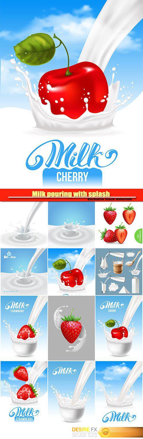 Milk pouring with splash like crown and strawberry