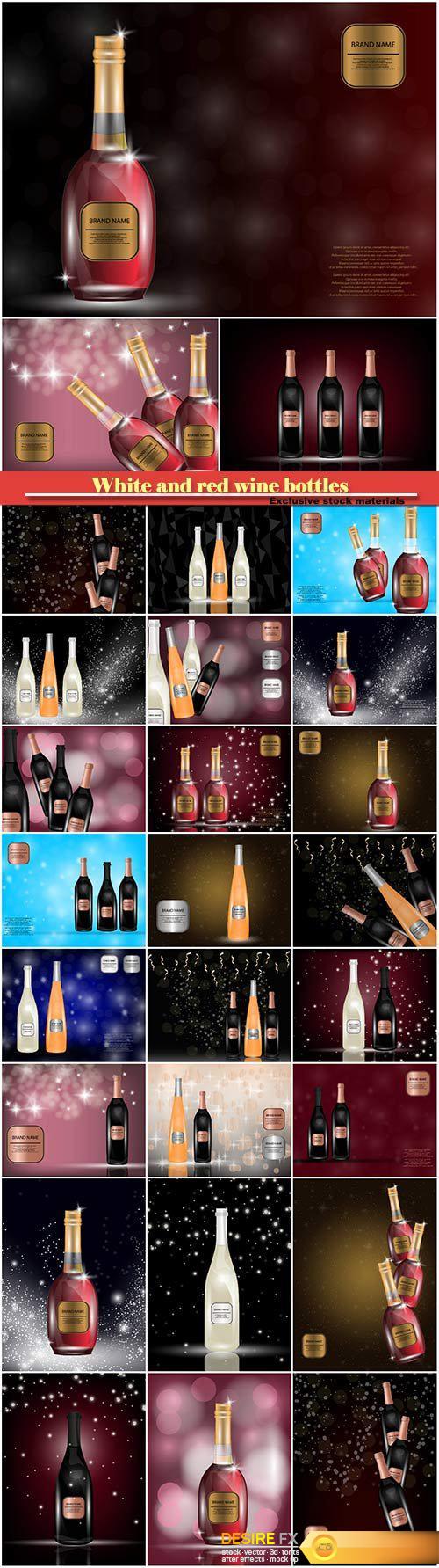 White and red wine bottles on the sparkling vector background