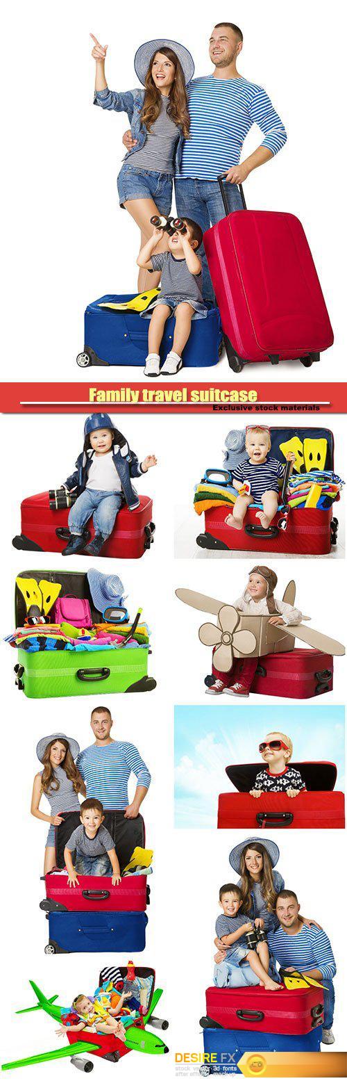 Family travel suitcase, people and vacation luggage