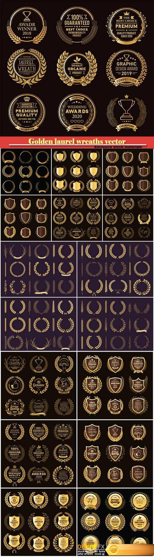 Golden laurel wreaths vector, emblems, logos