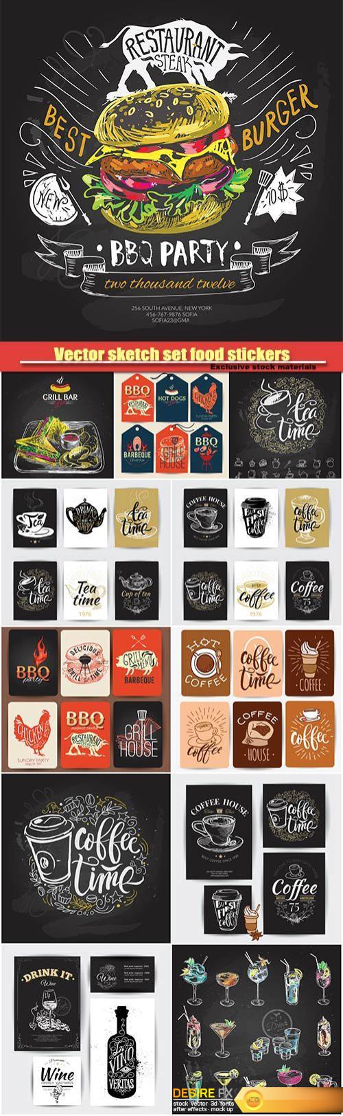 Hand drawn vector sketch set food stickers, alcoholic cocktail, coffee, barbecue label