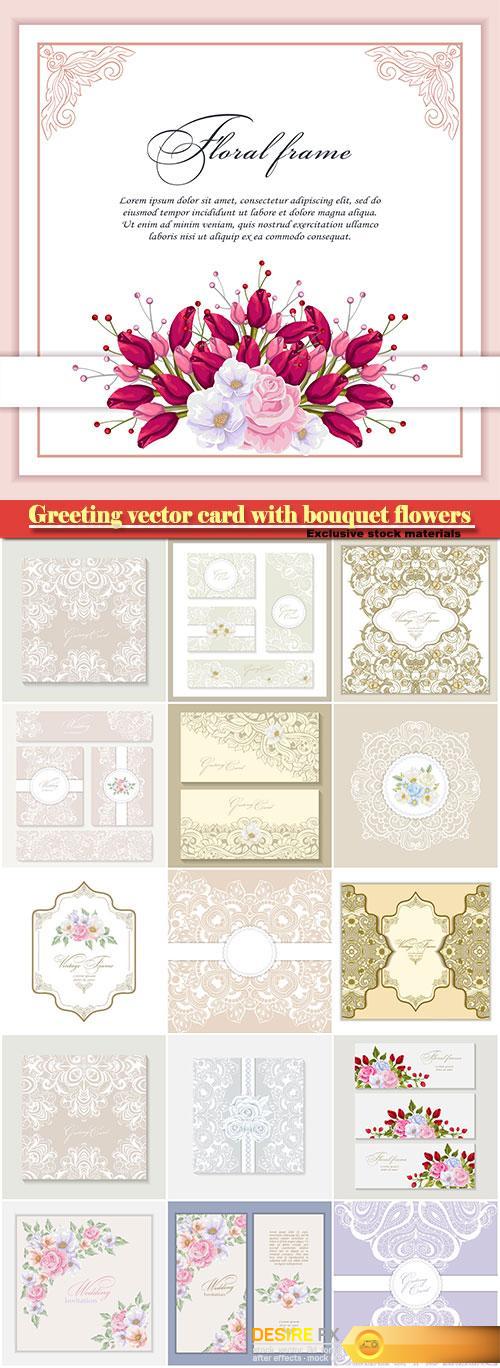 Greeting vector card with bouquet flowers for wedding, birthday and other holidays