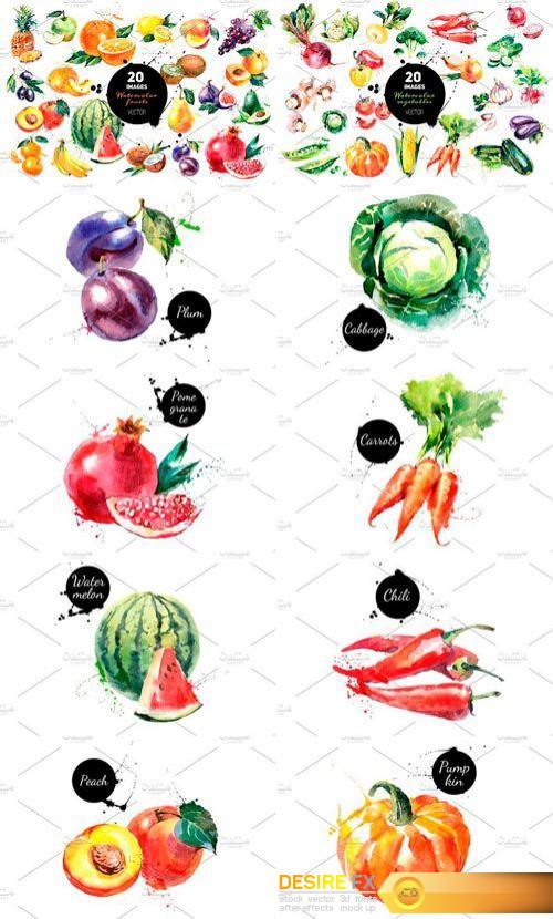 Watercolor Fruits and Vegetables Vector Bundle